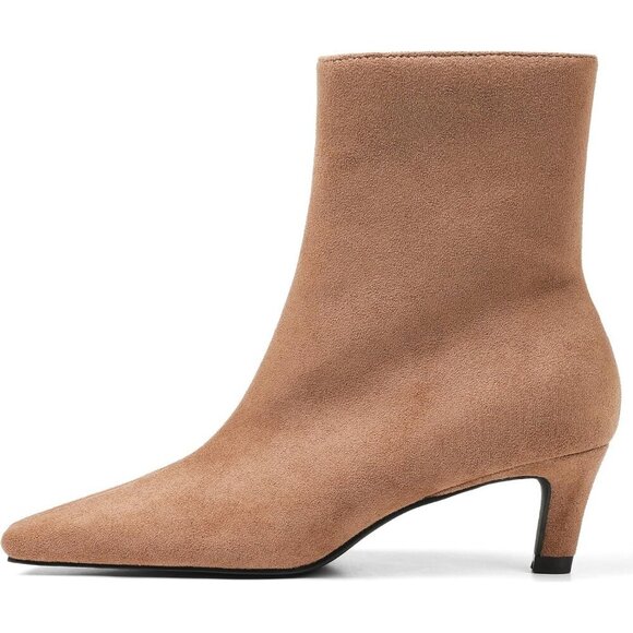 Shoes - Women Taupe Suede Square Toe Kitten Faux Suede Short Low Heel Dressy Ankle Boots